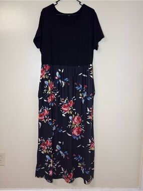 Ranlege Black Floral Short Sleeve Maxi Dress with Pockets